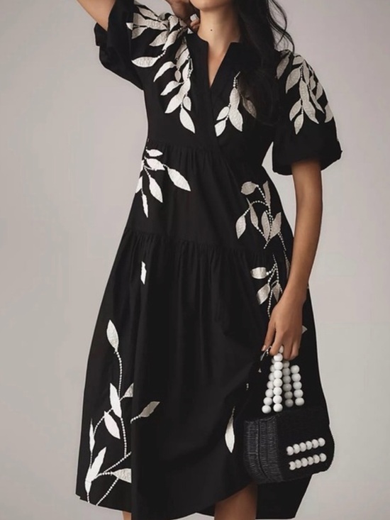 Anthropologie Dresses & Skirts - Anthropologie Black Maxi Dress with White Leaf Embroidery